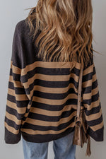 Stripe Collared Quarter Zipper Oversized Sweater: Black & Tan