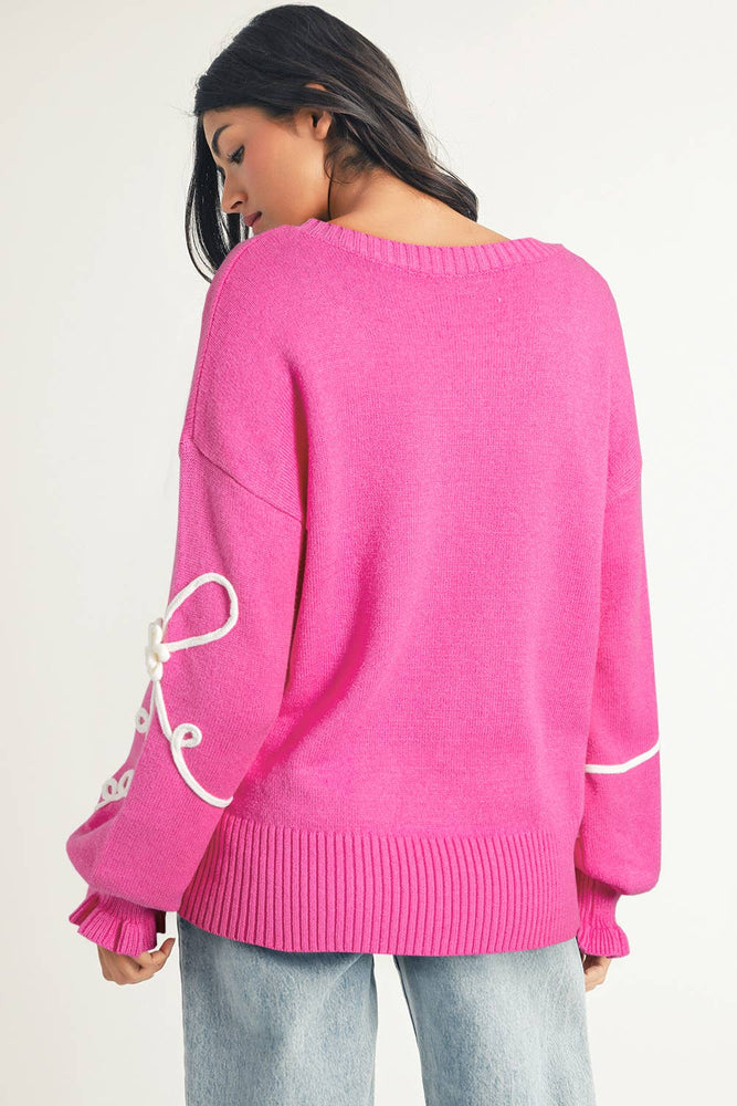 Corded Flower Bow Pink Sweater