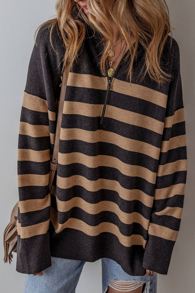 Stripe Collared Quarter Zipper Oversized Sweater: Black & Tan