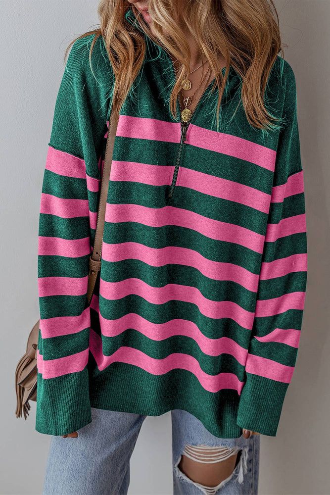 Stripe Collared Quarter Zipper Oversized Sweater: Green & Pink