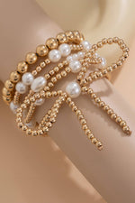 Bow Knot Pearl Beaded Multi Layered Bracelet Set: Gold