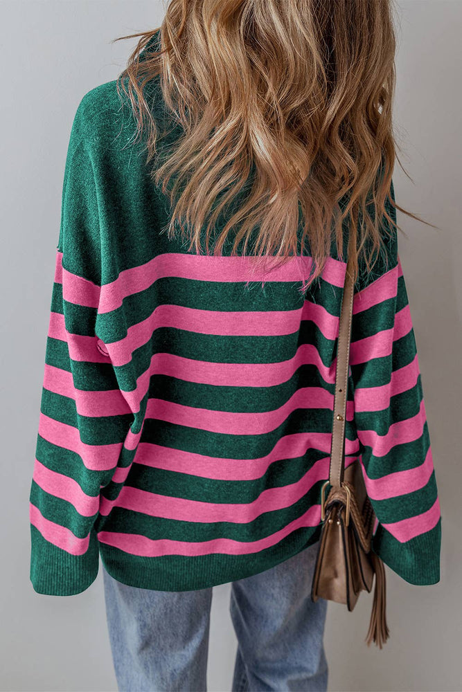 Stripe Collared Quarter Zipper Oversized Sweater: Green & Pink