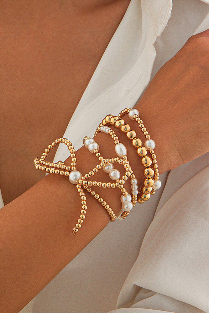 Bow Knot Pearl Beaded Multi Layered Bracelet Set: Gold