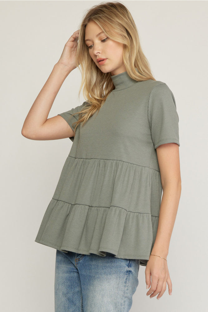 Khaki Green Ribbed Mock Top